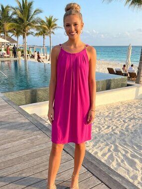 Ivanka Trump Fuchsia Jersey Knit Stretch Jeweled Straps Pleated Dress Size M